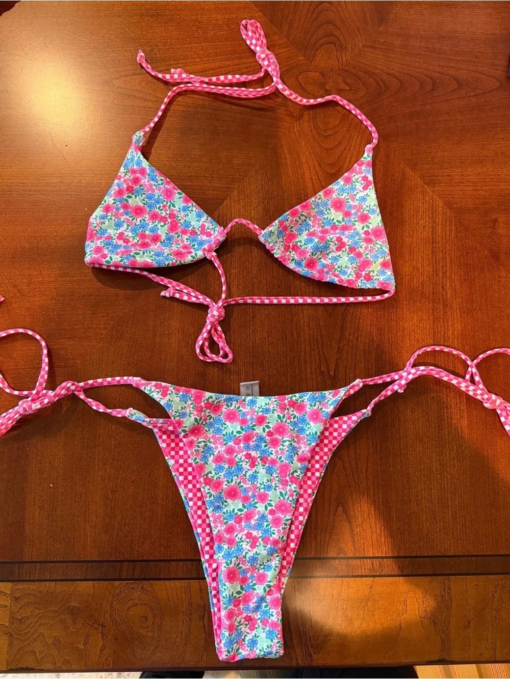 Floral Pink Check String Bikini S NWT